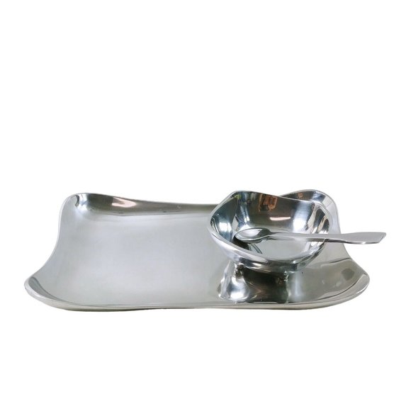 Serving Tray Bowl and Spoon Polished Metal Silver Color - Picture 7 of 10